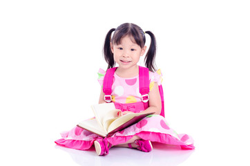 Wall Mural - Little asian girl sitting on floor over white background