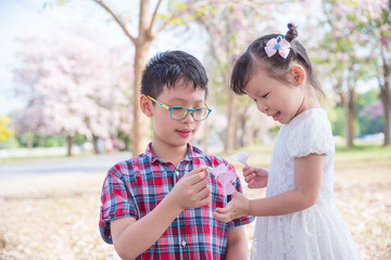 Asian sibling playing with flower in park