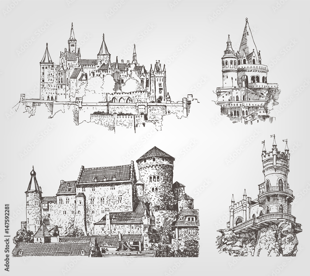 Vector old castle illustrations set. Countrysides on gothic fortress background. Hand drawn architectural landscapes. Sketches of ancient towers. - obrazy, fototapety, plakaty 