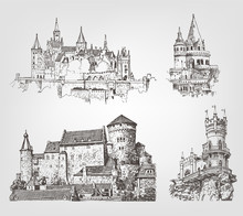 Vector Old Castle Illustrations Set. Countrysides On Gothic Fortress Background. Hand Drawn Architectural Landscapes. Sketches Of Ancient Towers.
