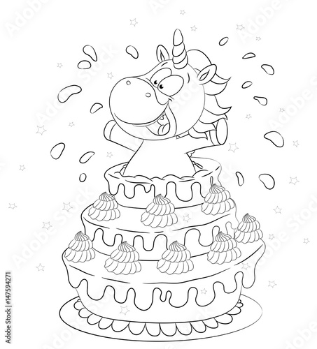 Niedliches Einhorn springt aus Torte Vektor Illustration Stock Vector
