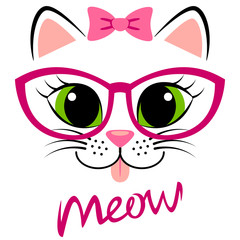 Cute white kitten with pink bow and glasses. Girlish print with kitty for t-shirt