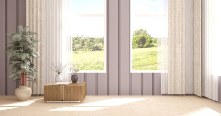 White empty room with green landscape in window. Scandinavian interior design. 3D illustration