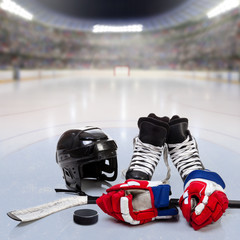 Wall Mural - Hockey Equipment on Ice of Crowded Arena