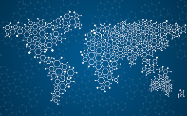 abstract world map of hexagonal molecular structures.