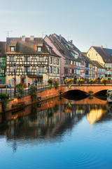 canal scene of Colmar, most famous town of Alsace, France