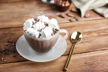 Poster - Cup of cocoa with marshmallows on wooden table