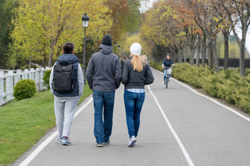 Group of friends walking in the spring park