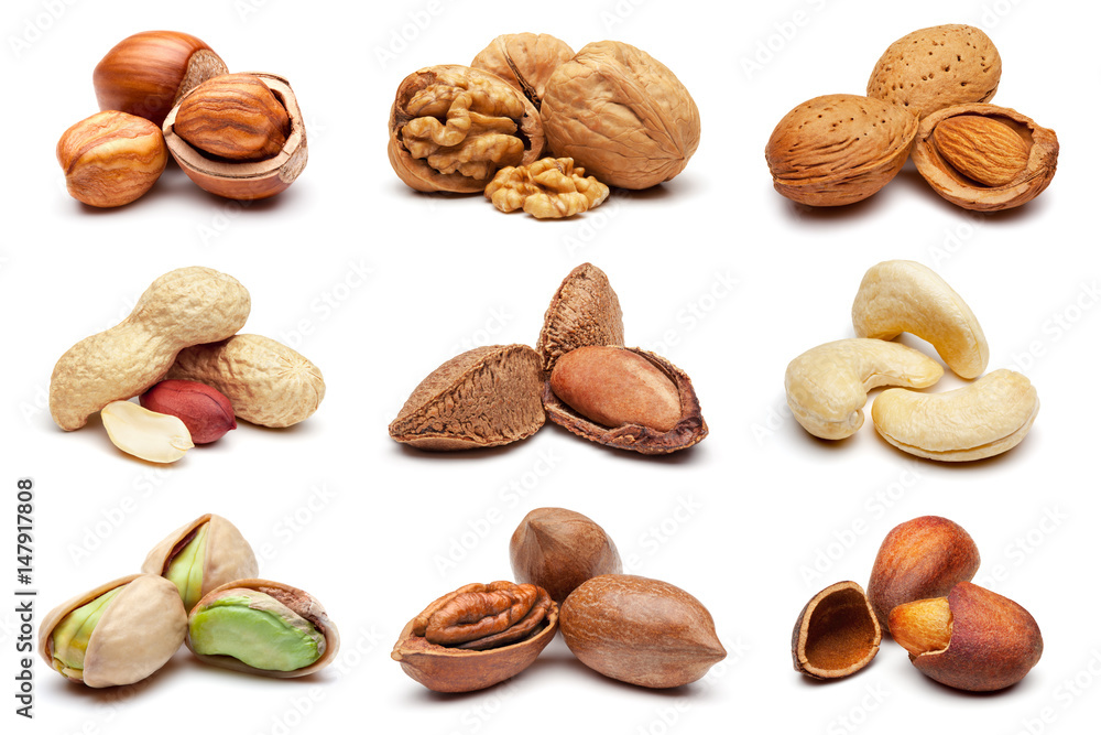 Collection of various nuts on white. - obrazy, fototapety, plakaty 