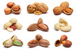 Collection of various nuts on white.