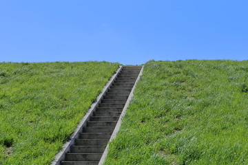 Stairs in grass, sky, isolated