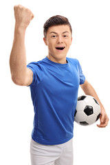 Poster - Teen football player looking at the camera and gesturing happiness