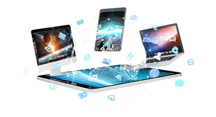 Aufkleber - Tech devices with icons and graphs flying 3D rendering