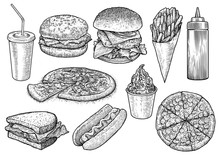 Fast Food Illustration, Drawing, Engraving, Ink, Line Art, Vector