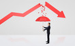 © gearstd - A tiny businessman hiding under a red umbrella from the rubble of a broken red statistic arrow.