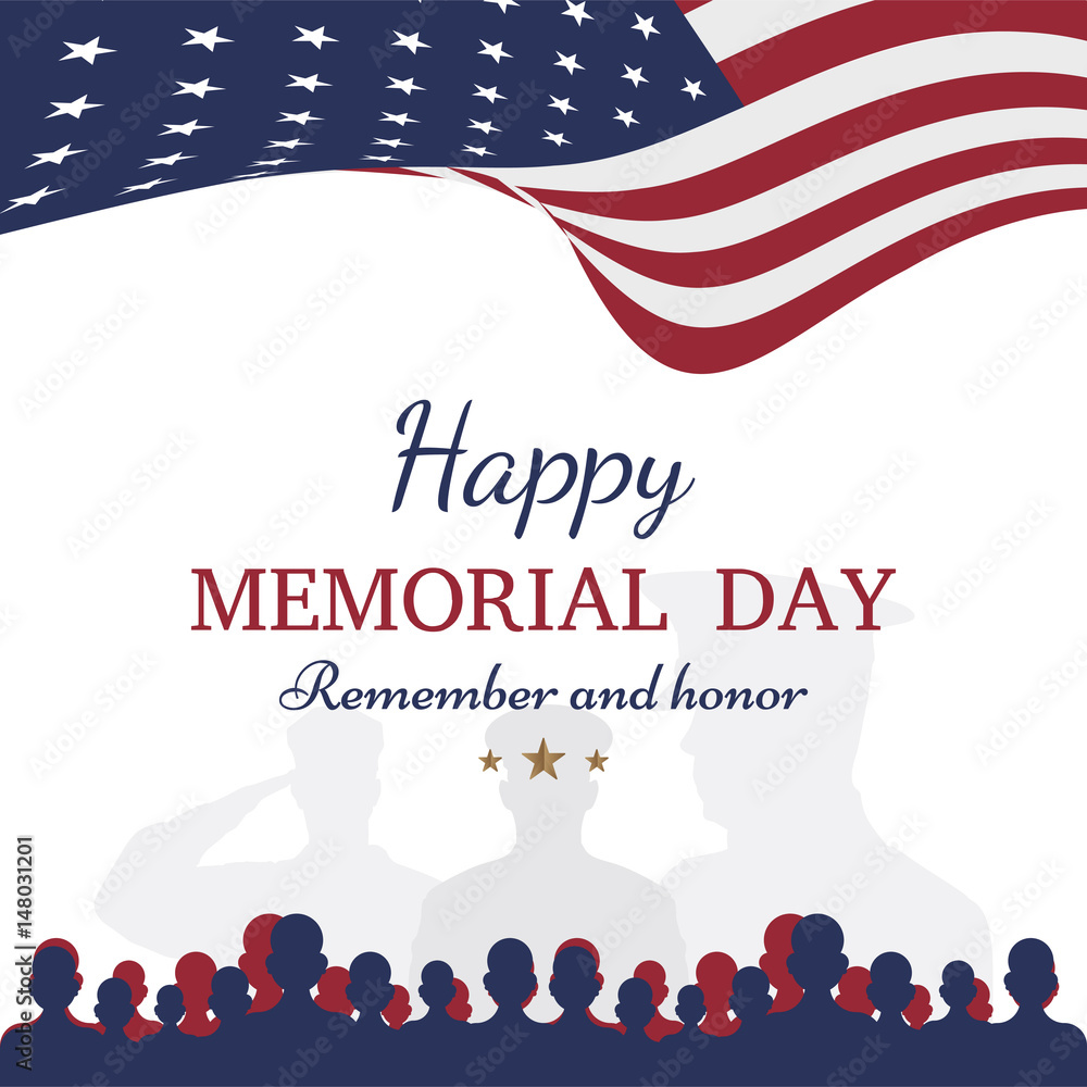 Happy memorial day. Greeting card with flag and soldier on background ...