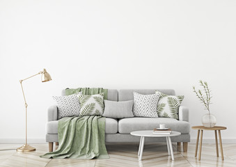 Aufkleber - Scandinavian style livingroom with fabric sofa, pillows, plaid, lamp and green plant in vase on white wall background. 3d rendering.