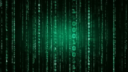 The Matrix style binary code. The camera moves through the falling numbers. Available in multiple color options. Green version. Seamless loop. 4K