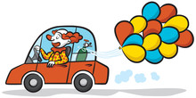 A Clown Drives A Car Full Of Balloons To A Birthday Party.