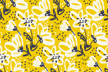 Vector Seamless Pattern For Surface Design. Freehand Illustration With Flower In Vivid Yellow Color. Shabby Floral Design Element For Card, Header, Invitation.