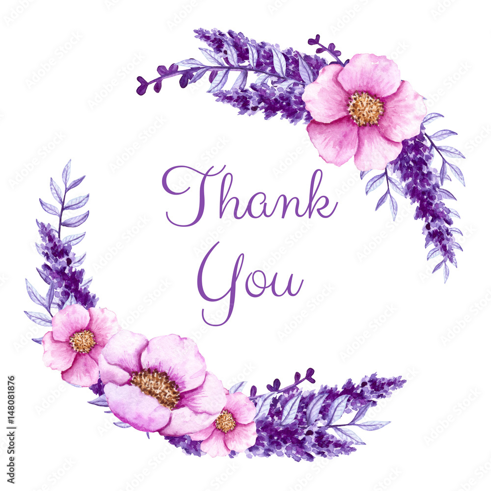 Thank You Card with Watercolor Pink Flowers Stock Illustration | Adobe ...