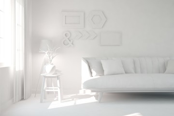 White room with sofa. Scandinavian interior design. 3D illustration