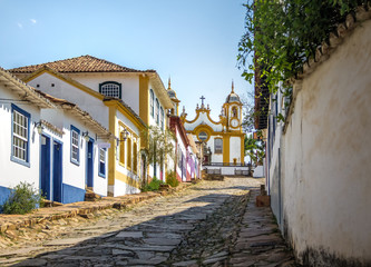 Sticker - Street view of Sao Joao del Rei with Nossa Senhora do Carmo Church on backgound - Sao Joao Del Rei, Minas Gerais, Brazil