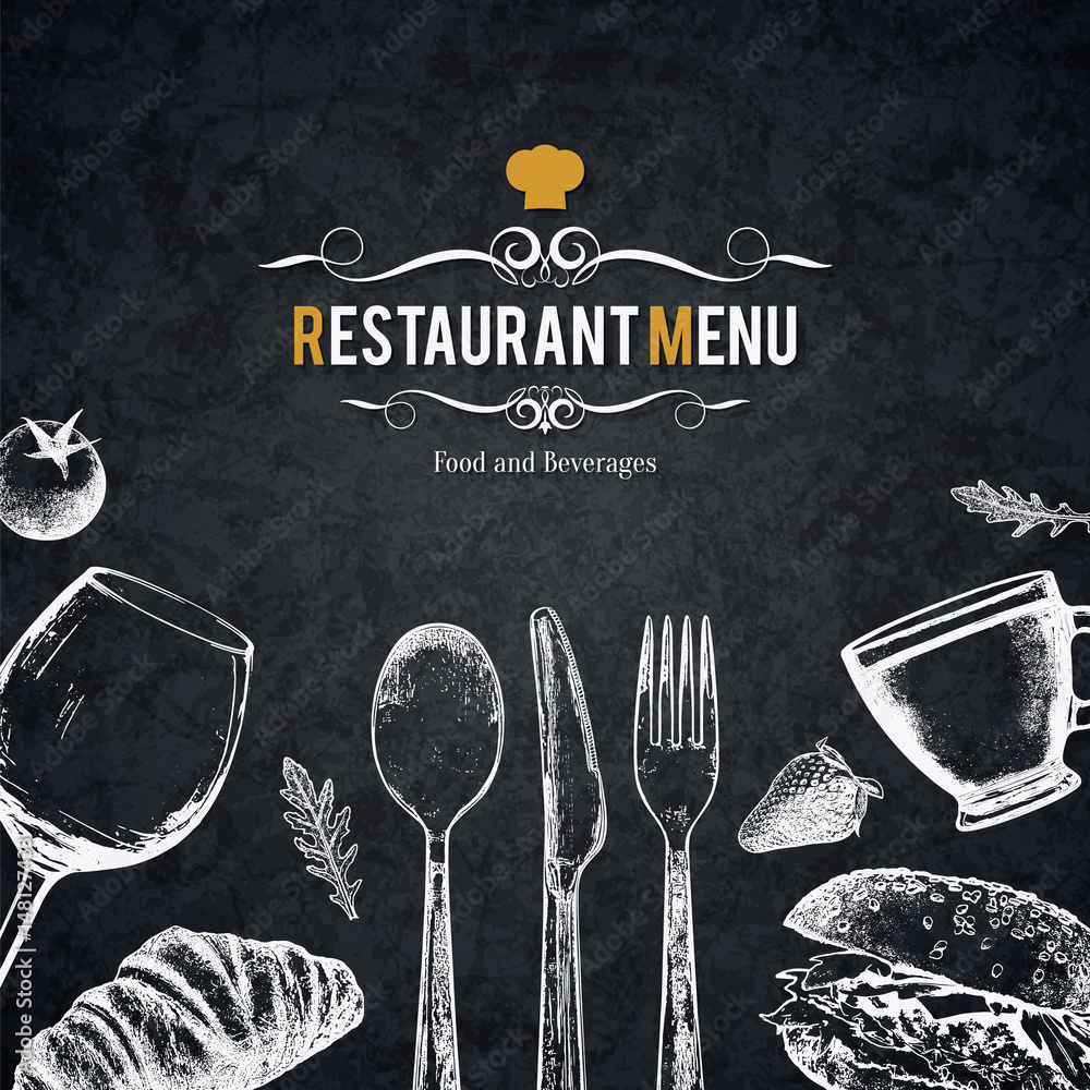 Restaurant menu design. Vector menu brochure template for cafe, coffee house, restaurant, bar. Food and drinks logotype symbol design. With a sketch pictures - obrazy, fototapety, plakaty 