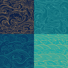 marine set: color outline seamless patterns