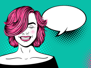 Wall Mural - Wow female face. Sexy young woman with pink curly hairstyle and closed eyes smiles with open mouth. Vector colorful background in pop art retro comic style. Party invitation poster.