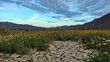 Unique view of desert wildflowers and cracked mud in foreground