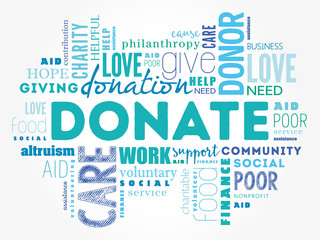 Donate word cloud collage, social concept background