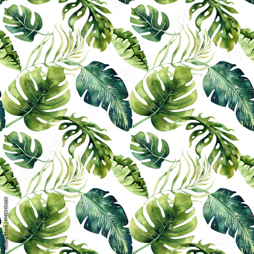 Foto-Plissee zum Schrauben - Seamless watercolor pattern of tropical leaves, dense jungle. Ha (von kris_art)