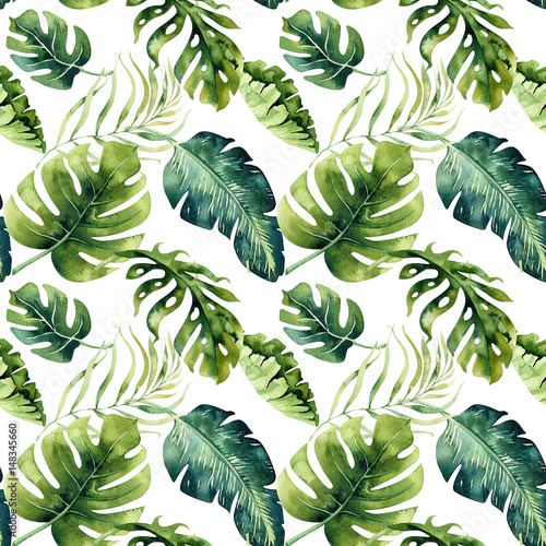 Seamless watercolor pattern of tropical leaves, dense jungle. Ha