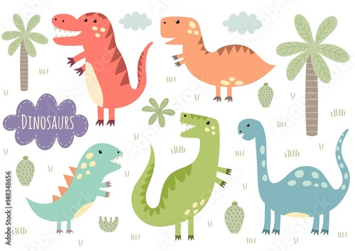 Vector set of cute isolated dinosaurs Wallpaper Mural