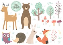 Vector Set Of Cute Forest Elements - Animals And Trees