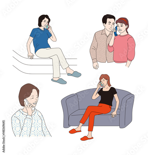 人物イラスト 電話 スマホ 座って電話をする Stock イラスト Adobe Stock