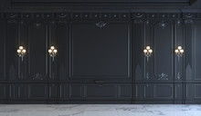 Black Wall Panels In Classical Style With Silvering. 3d Rendering