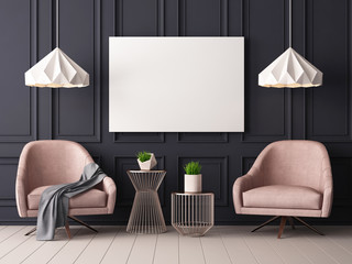 Wall Mural - Mock up poster in a classic pastel interior with armchairs, against the background of a dark blue wall. 3D rendering