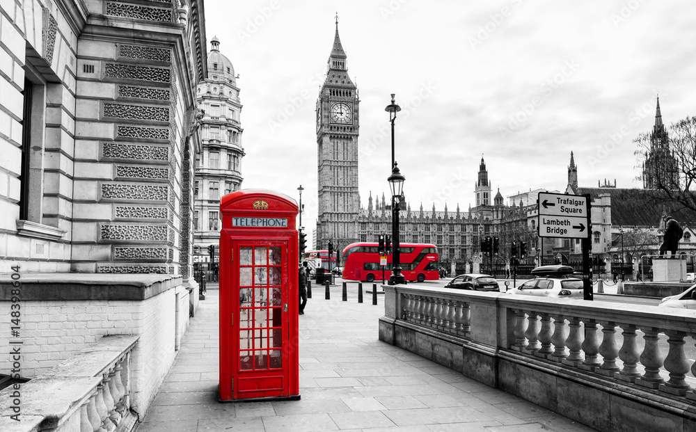Obraz na płótnie London Telephone Booth and Big Ben w salonie