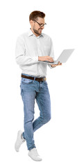 Wall Mural - Handsome young man with laptop on white background