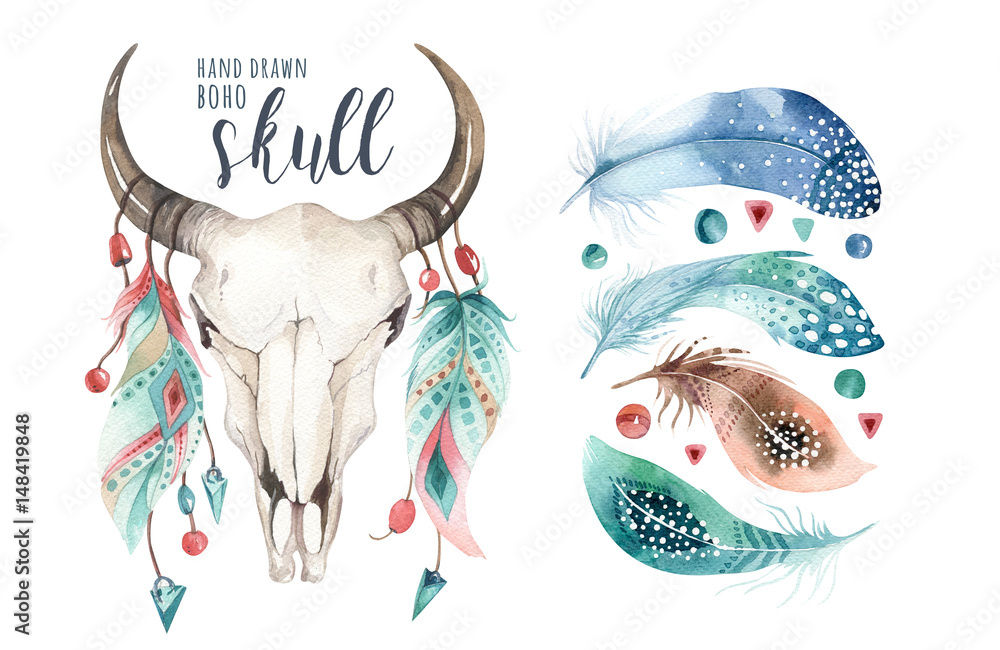 Poster Watercolor Bohemian Cow Skull And Feather Western Mammals