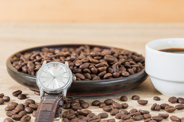 Coffee time concept ,Coffee beans and coffee cup