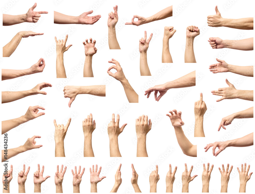 Multiple male caucasian hand gestures isolated over the white background - obrazy, fototapety, plakaty 