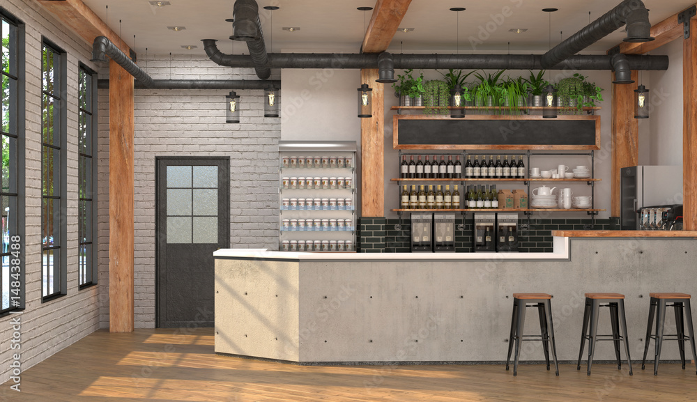 Modern design of the bar in loft style. 3D visualization of the ...