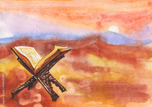Hand Drawn Background Of Koran Sunset Desert And Mountain