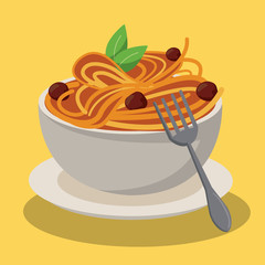 Sticker - bowl spaghetti and meatballs sauce food fresh vector illustration