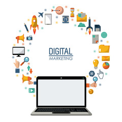 Sticker - digital marketing laptop technology network online vector illustration