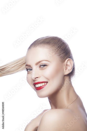 Woman With Smile Portrait Red Lip Makeup Blonde Hair Style Clean