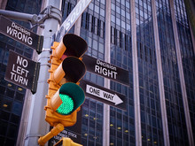 NYC Wall Street Yellow Traffic Light Black Pointer Guide One Way Green Light To Right Decision Way, No Turn No Way To Wrong Decision. One Way To Right Choice. Best Choice, Right Choice. Wall Street